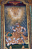 Bangkok Grand Palace, Ramakien murals of the gallery of the Wat Phra Kaew,  Hanuman (the white monkey) searches for Naang Sida in Tosakows palace (detail). 